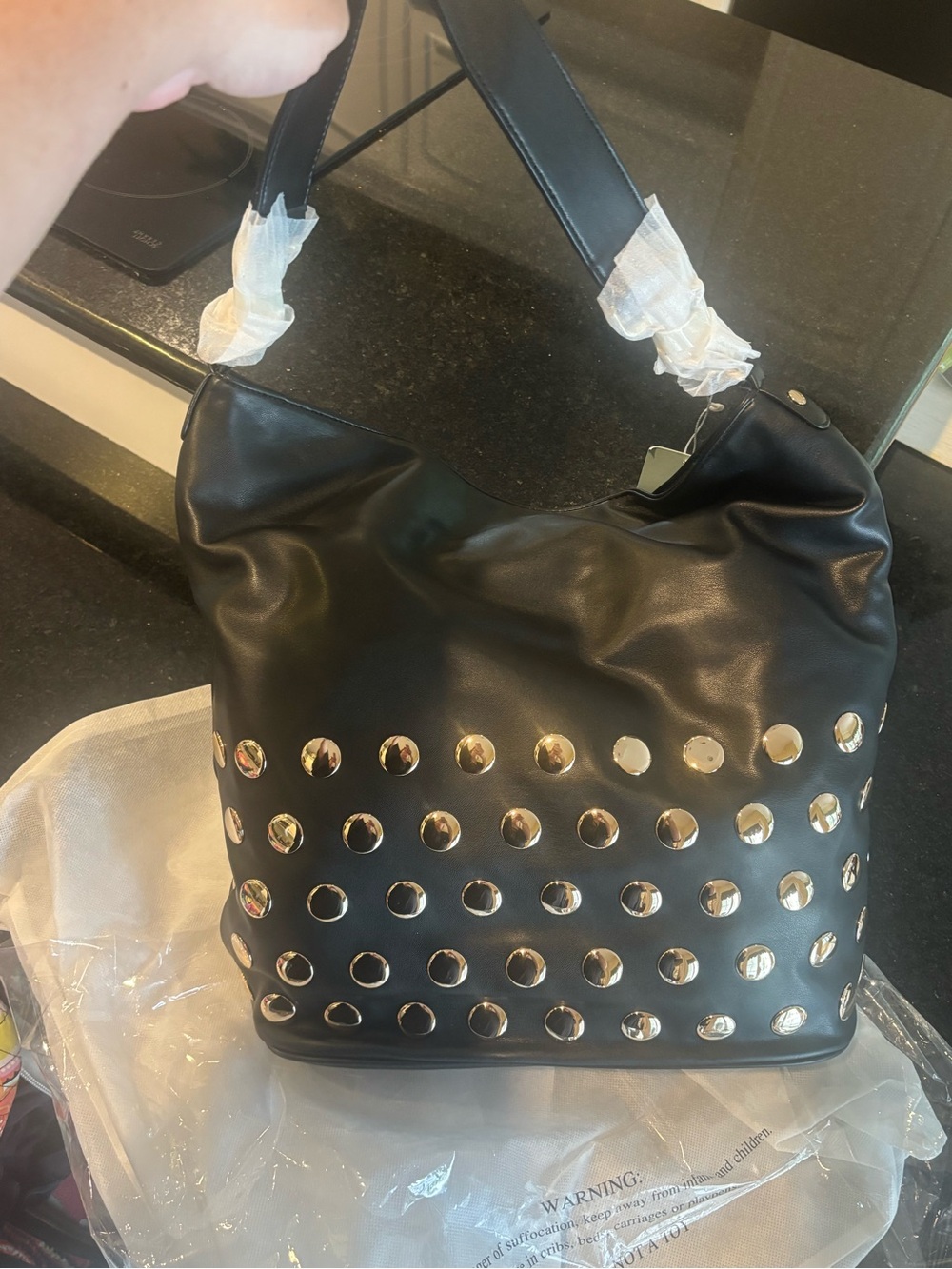 Black Studded Hobo Shoulder Bag with gold accents - NWT